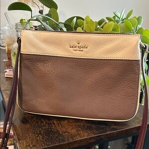 kate spade Two-Tone Leather Crossbody in Taupe and Cream with Burgundy Strap